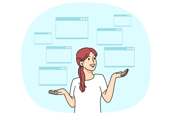 Mujer desarrollando proyecto en computadora  Ilustración