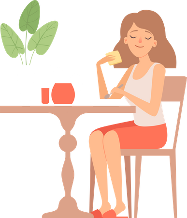 Mujer desayunando  Ilustración