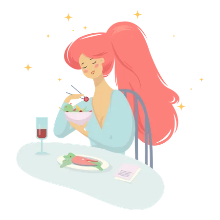 Mujer desayunando por la mañana en casa  Ilustración