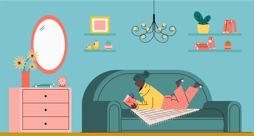 Mujer descansando en el sofá y leyendo un libro en la sala de estar  Ilustración