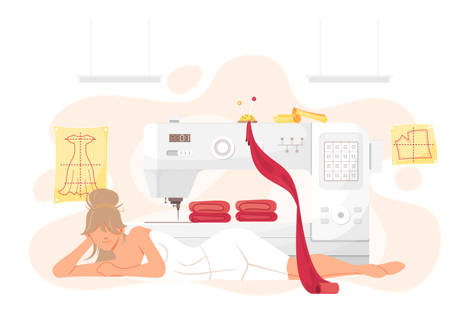 Mujer descansando mientras confecciona ropa con equipo especial  Ilustración