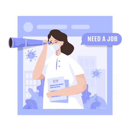 Mujer desempleada buscando trabajo con binoculares  Ilustración