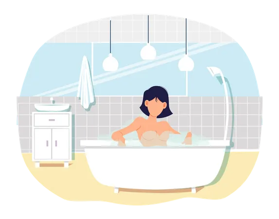 Mujer desnuda sentada en la bañera con agua caliente en la sauna casera  Ilustración