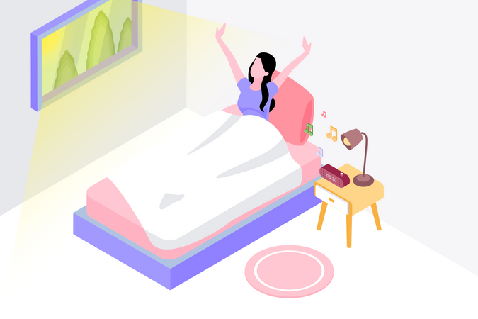 Una mujer se despierta en un dormitorio inteligente temprano en la mañana  Ilustración