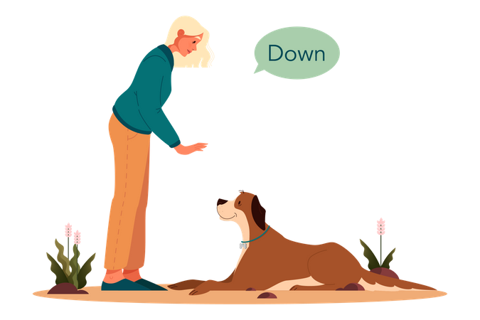 Mujer diciendo perro que se siente  Ilustración