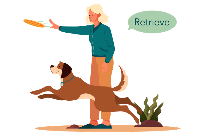 Mujer diciendo recuperar comando a perro mascota  Ilustración