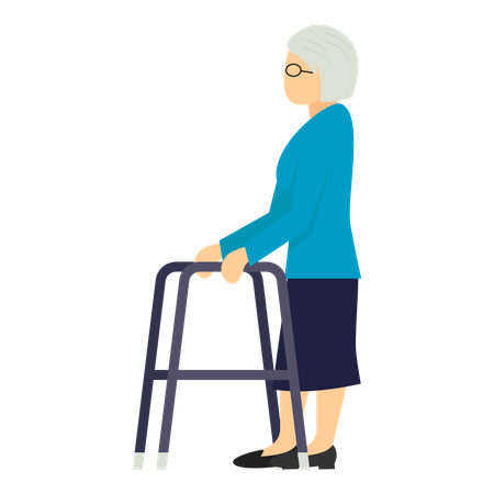 Mujer discapacitada caminando con apoyo ortopédico  Ilustración
