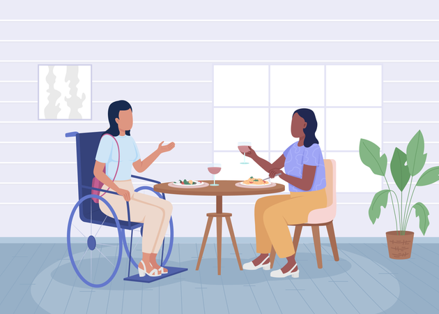 Mujer discapacitada cenando con un amigo  Ilustración