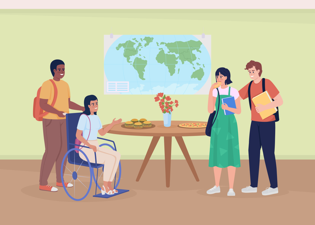 Mujer discapacitada con compañeros de grupo en la cantina.  Ilustración