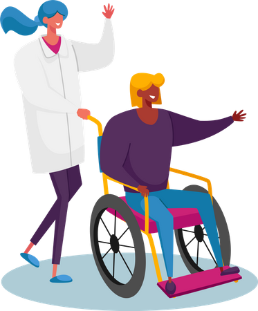 Mujer discapacitada montando silla de ruedas con asistencia de enfermera o médico terapeuta  Ilustración