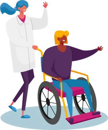 Mujer discapacitada montando silla de ruedas con asistencia de enfermera o médico terapeuta  Ilustración