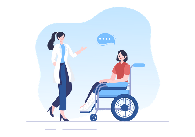 Mujer discapacitada montando silla de ruedas con asistencia de médico terapeuta  Ilustración