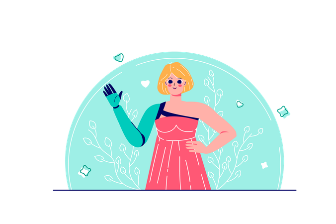 Mujer discapacitada trabaja con brazo robótico  Ilustración