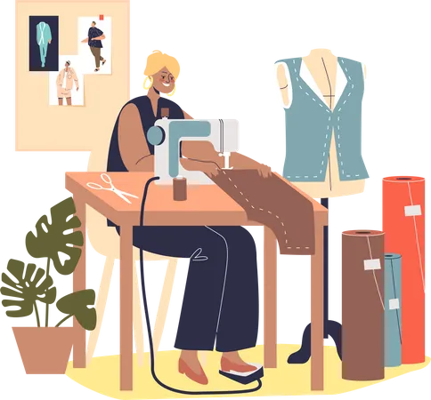 Mujer diseñadora de moda trabaja en ropa de confección de máquinas de coser en taller taller  Ilustración