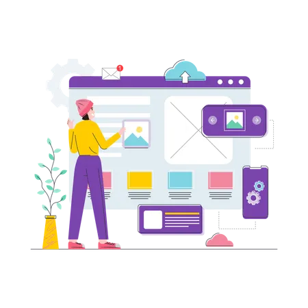 Mujer diseñando sitio web UI-UX  Ilustración