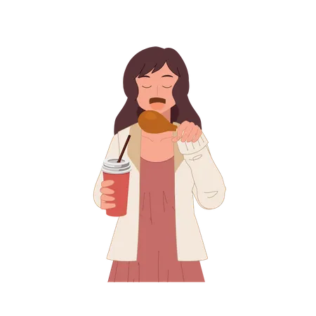 Una Mujer Feliz Con Un Vaso De Refresco En Una Mano Disfruta Comiendo Muslo De Pollo Frito Muslo De Pavo Delicioso Ilustracion De Dibujos Animados De Estilo Plano Vectorial Ilustración