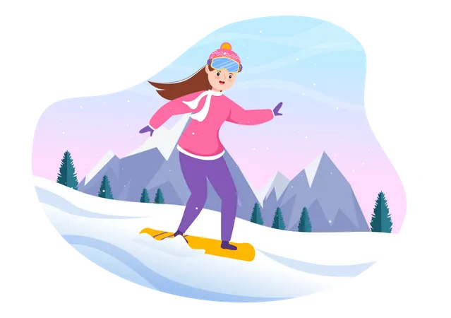 La mujer disfruta del surf en la nieve  Ilustración