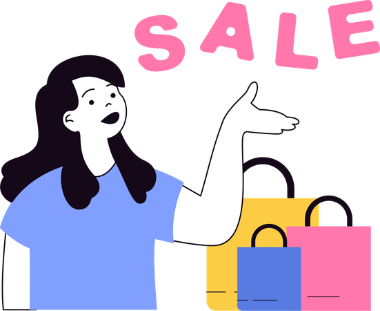 La mujer disfruta de las compras en rebajas  Ilustración