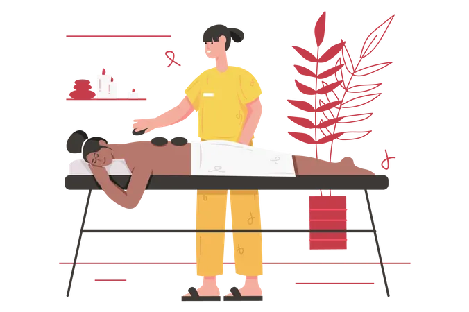 La mujer disfruta de un masaje de espalda mientras está acostada en el sofá  Ilustración
