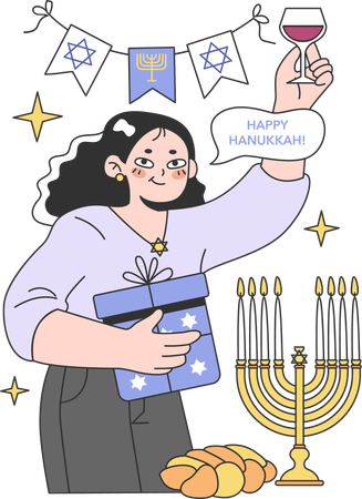 Mujer disfruta del alcohol en la fiesta de Hanukkah  Ilustración