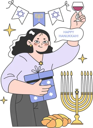 Mujer disfruta del alcohol en la fiesta de Hanukkah  Ilustración