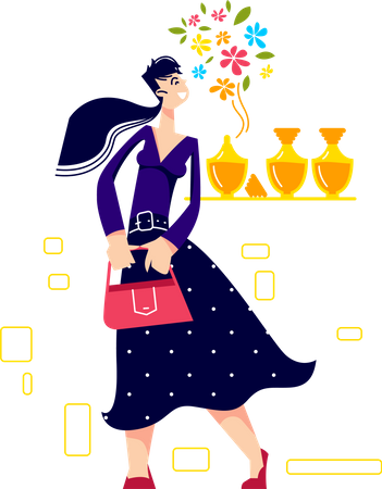 La mujer disfruta del aroma en la tienda de perfumería  Ilustración