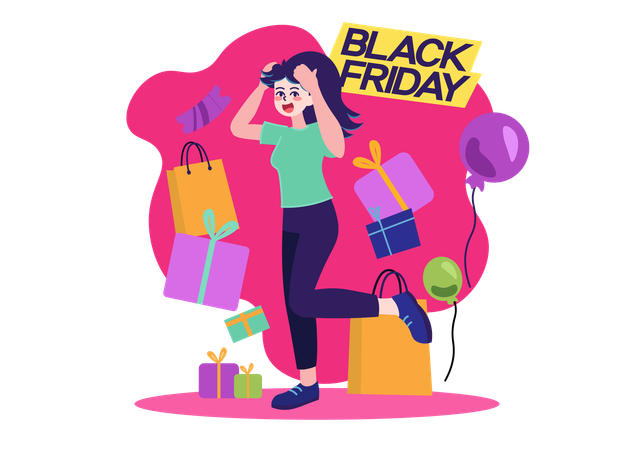 La mujer disfruta de las compras del viernes negro  Ilustración