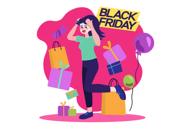 La mujer disfruta de las compras del viernes negro  Ilustración