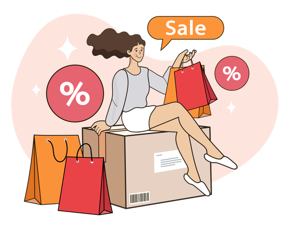 La mujer disfruta de las ofertas de descuento de venta al por mayor  Ilustración