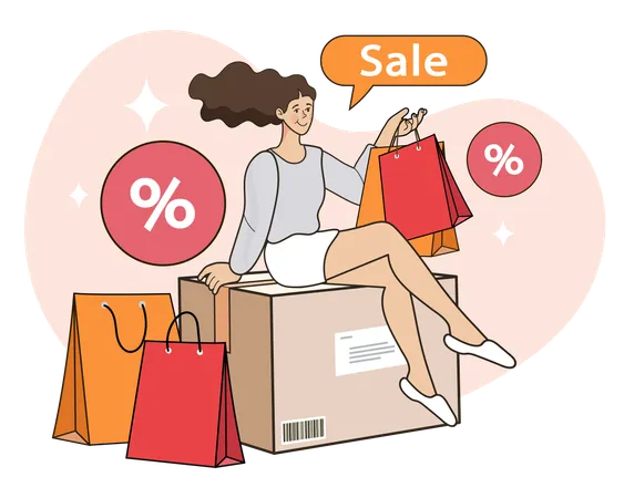 La mujer disfruta de las ofertas de descuento de venta al por mayor  Ilustración