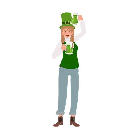 Mujer disfrutando de cerveza verde  Ilustración