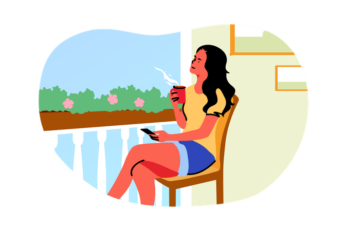 Mujer disfrutando de un café fuera del balcón  Ilustración