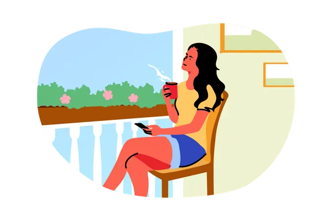 Mujer disfrutando de un café fuera del balcón  Ilustración