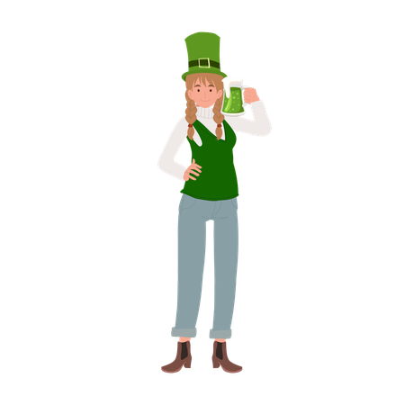 Mujer disfrutando de cerveza verde el día de San Patricio  Ilustración