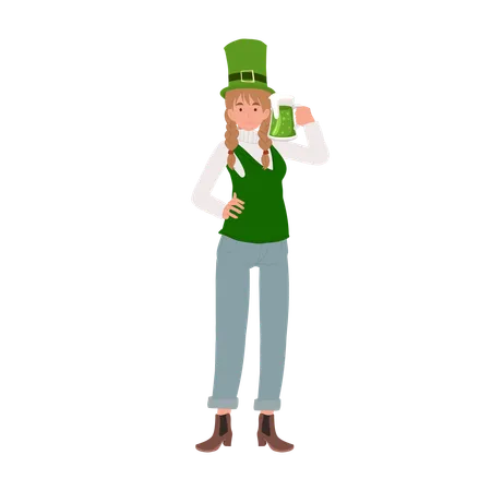 Mujer disfrutando de cerveza verde el día de San Patricio  Ilustración