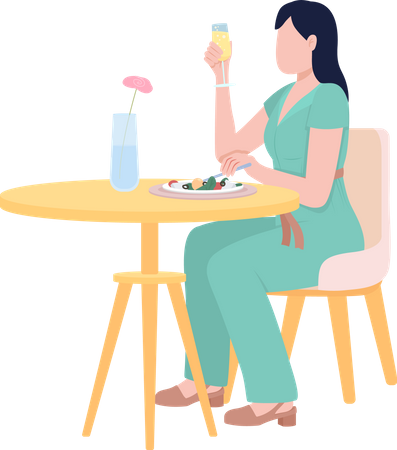 Mujer disfrutando de un cóctel carbonatado y una cena.  Ilustración