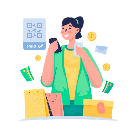 Mujer disfrutando de compras con transacción de pago digital  Ilustración