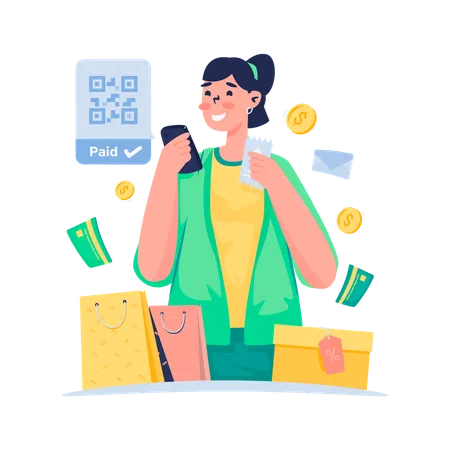 Mujer disfrutando de compras con transacción de pago digital  Ilustración