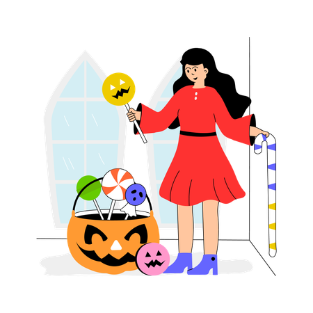 Mujer disfrutando de dulces de Halloween  Ilustración