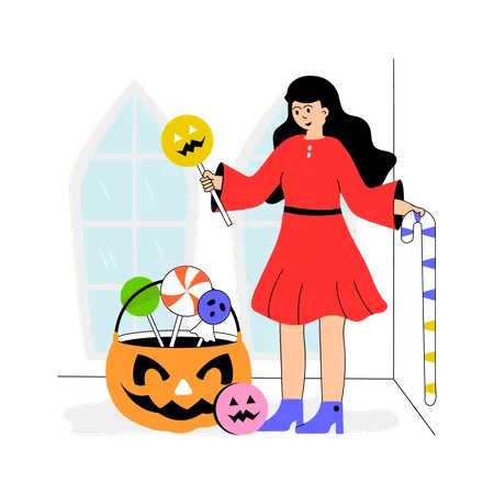 Mujer disfrutando de dulces de Halloween  Ilustración