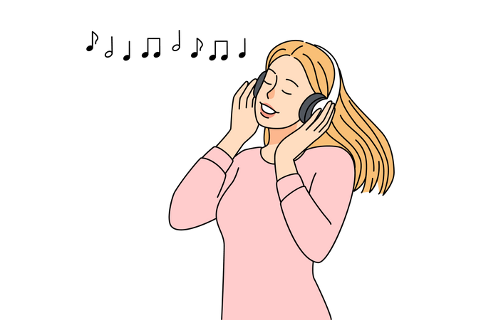 Mujer disfrutando de la música mientras usa auriculares  Ilustración