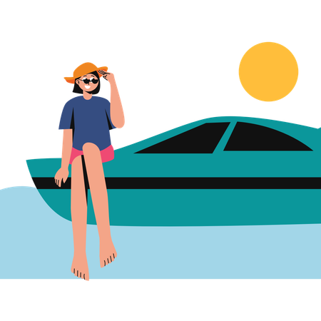 Mujer disfrutando de un paseo en yate  Ilustración