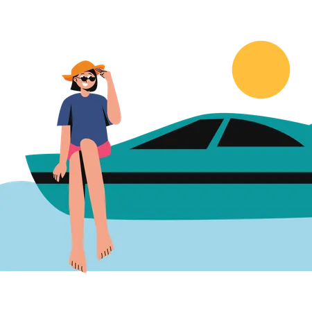 Mujer disfrutando de un paseo en yate  Ilustración