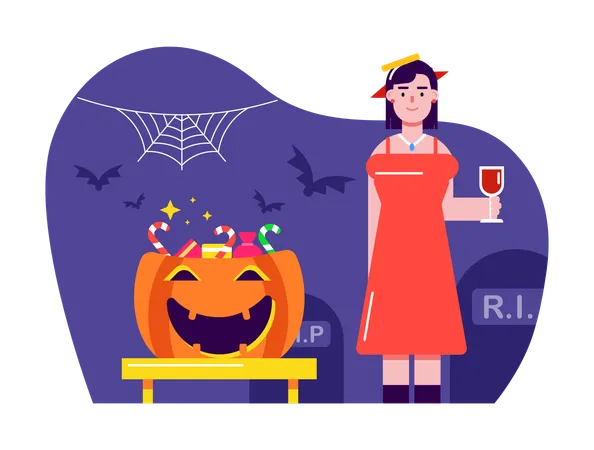 Mujer disfrutando de la fiesta de Halloween  Ilustración