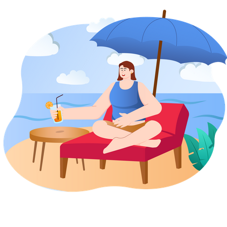 Mujer disfrutando de las vacaciones de verano en la playa  Ilustración