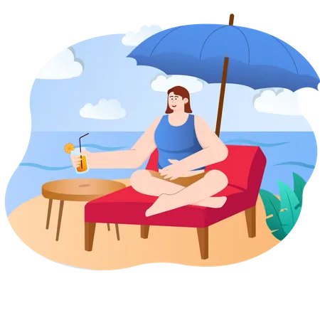 Mujer disfrutando de las vacaciones de verano en la playa  Ilustración