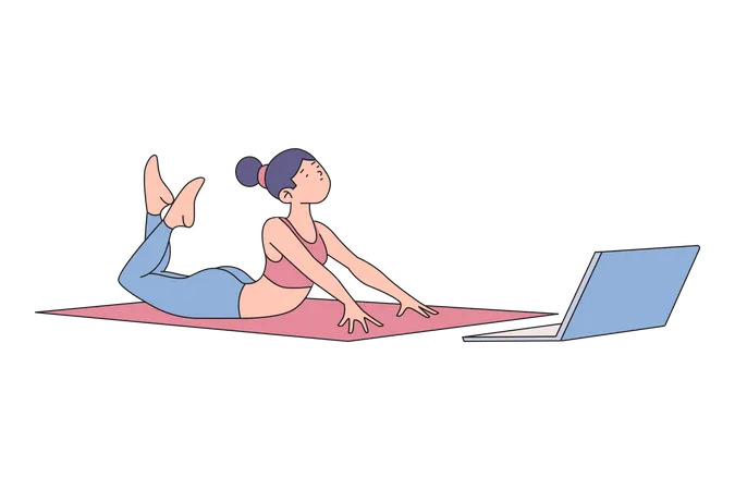 Mujer disfrutando de una clase de yoga en línea  Ilustración