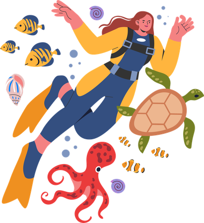 Mujer disfrutando del buceo  Ilustración