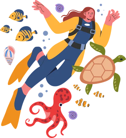 Mujer disfrutando del buceo  Ilustración