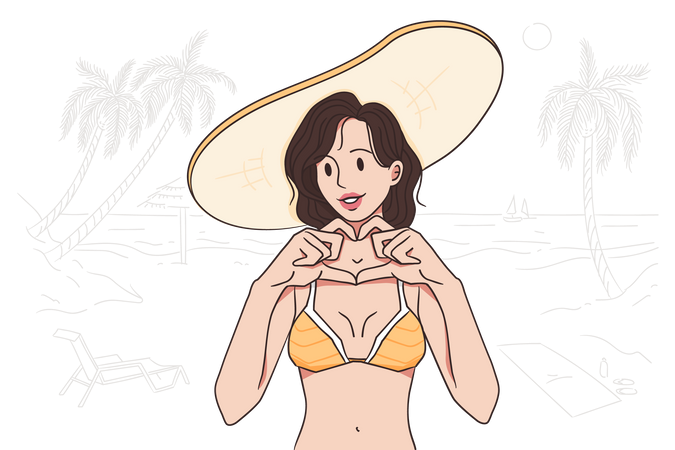 Mujer disfrutando del verano en la playa  Ilustración